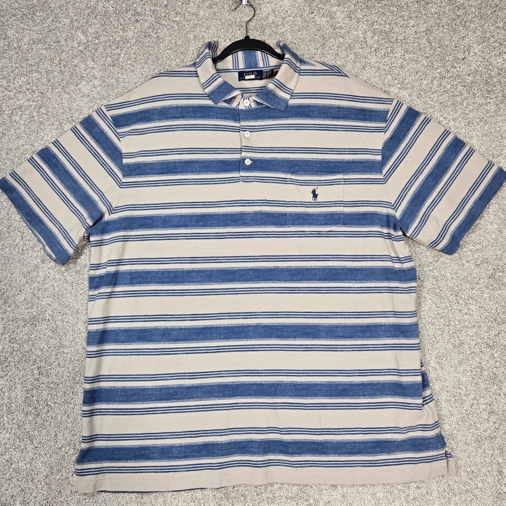 Polo Ralph Lauren Polo Shirt Men‎ 2XL Mesh Pocket blue beige striped